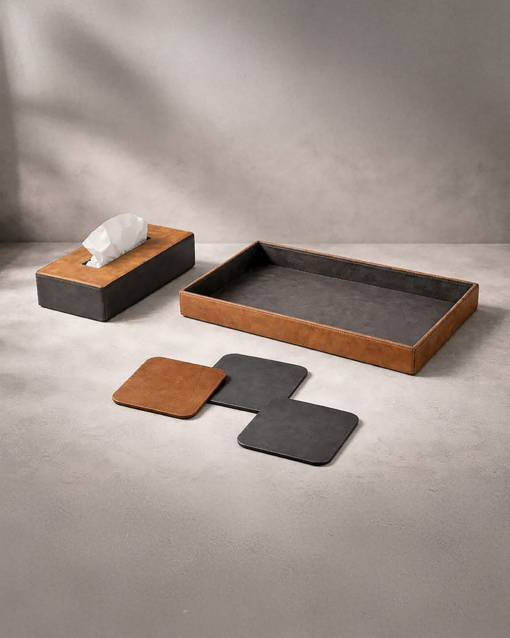 URTHEND Oris — Vegan Leather Tray, Tissue Box Holder & Coasters