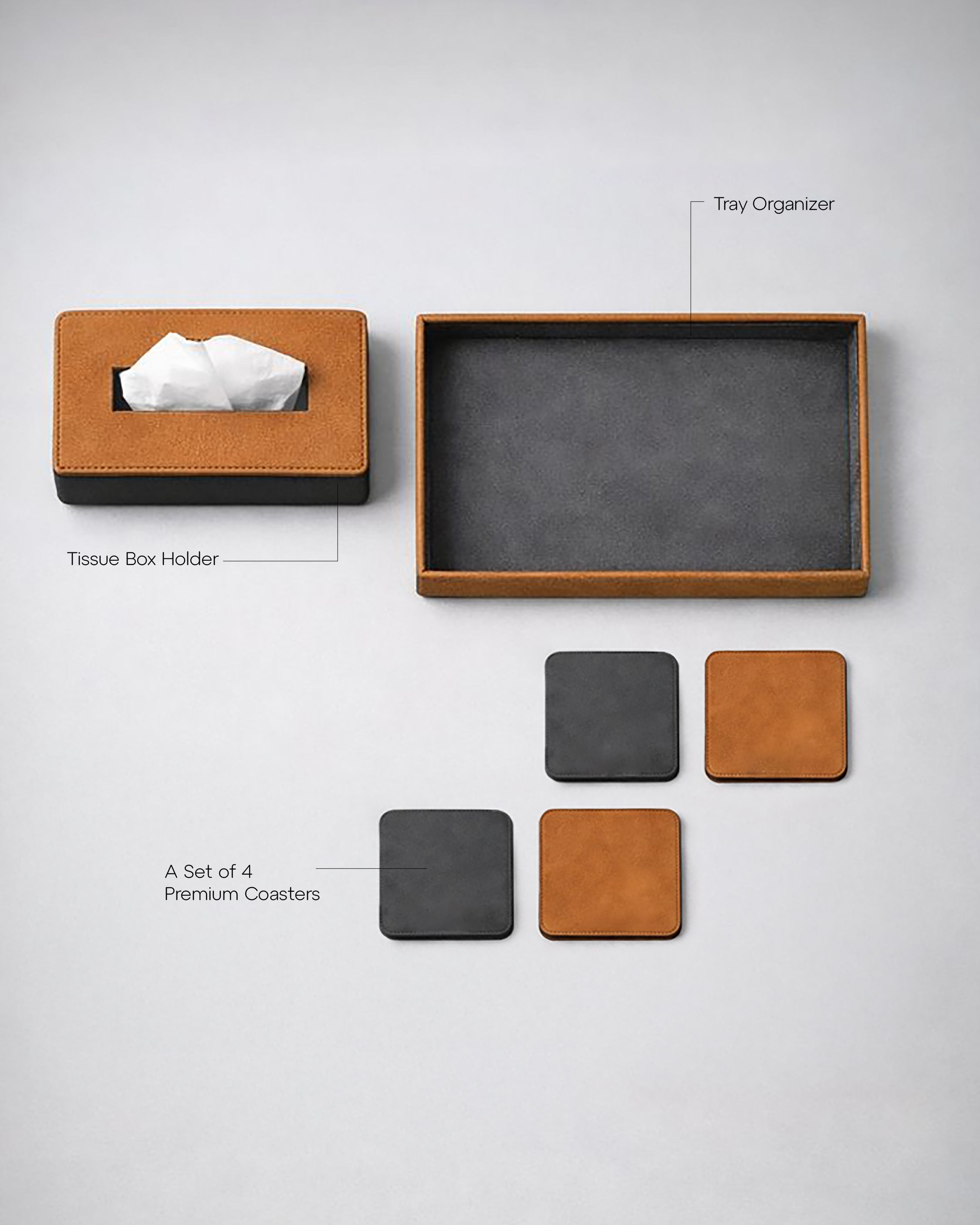 URTHEND Oris — Vegan Leather Tray, Tissue Box Holder & Coasters