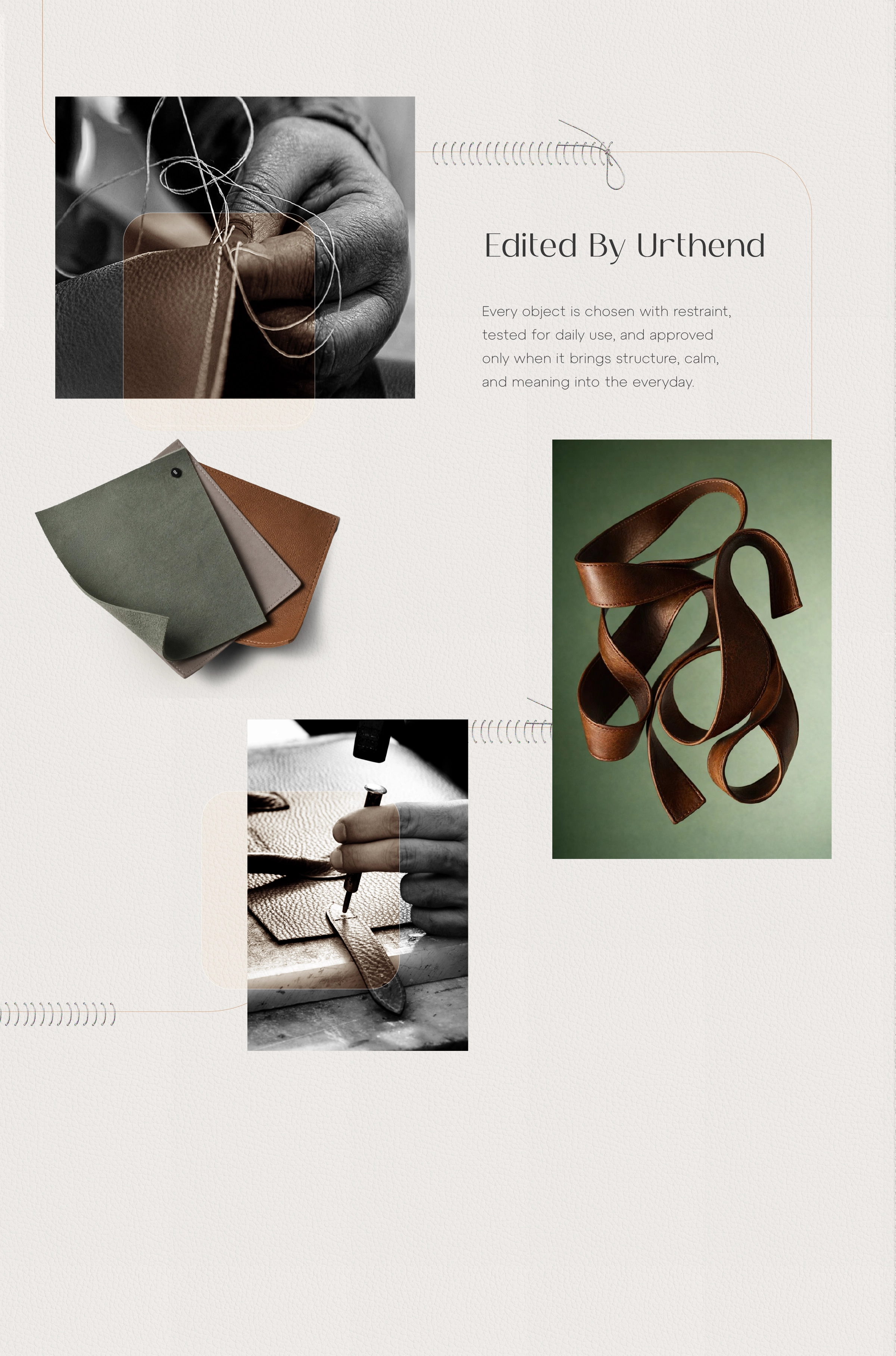 Collage of leather products with text 'Edited By Urthend' on a light gray background.
